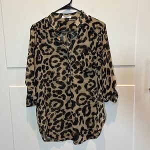 XTaren Leopard Print Chiffon Button Down Tunic‎ Shirt Women's L Feminine Sexy